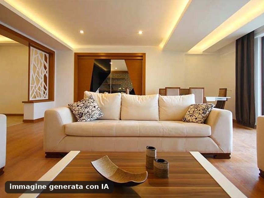 Soggiorno con veletta in cartongesso e striscia LED accesa